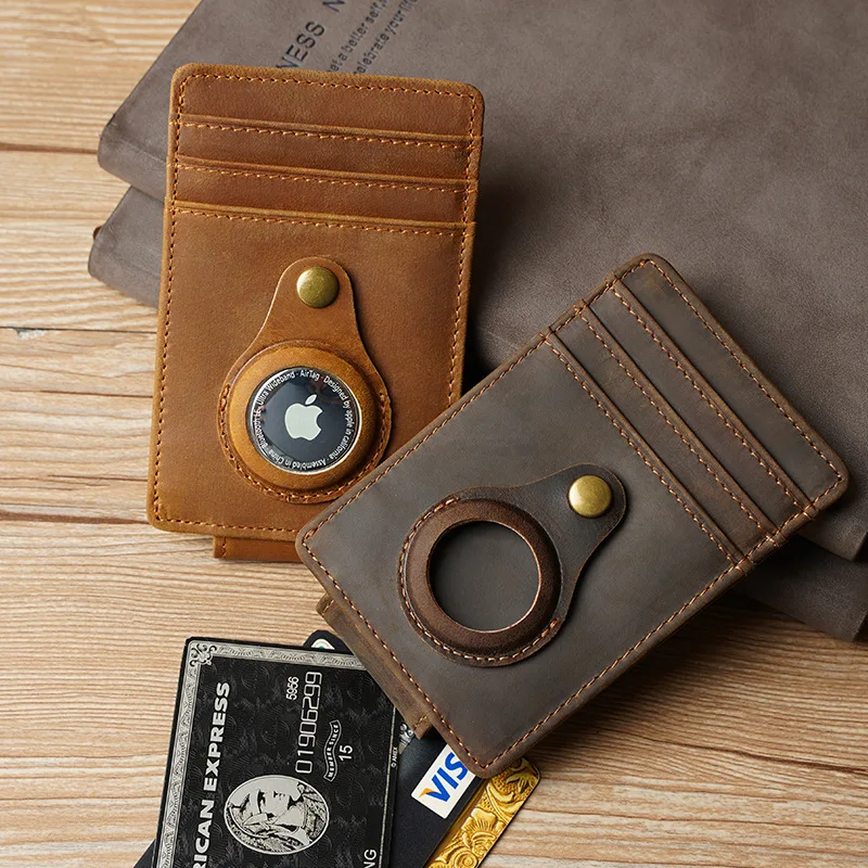 Genuine Leather Air Tag Wallet Case Holder Slim Minimalist RFID Blocking Card Holder Front Pocket Wallet for AirTag