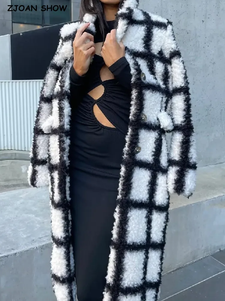 2022 Winter Lapel White Black Plaid Hairy Shaggy Faux Fur Long Teddy Coat Woman Shearling Fluffy X-Long Jackets  Warm Outerwear
