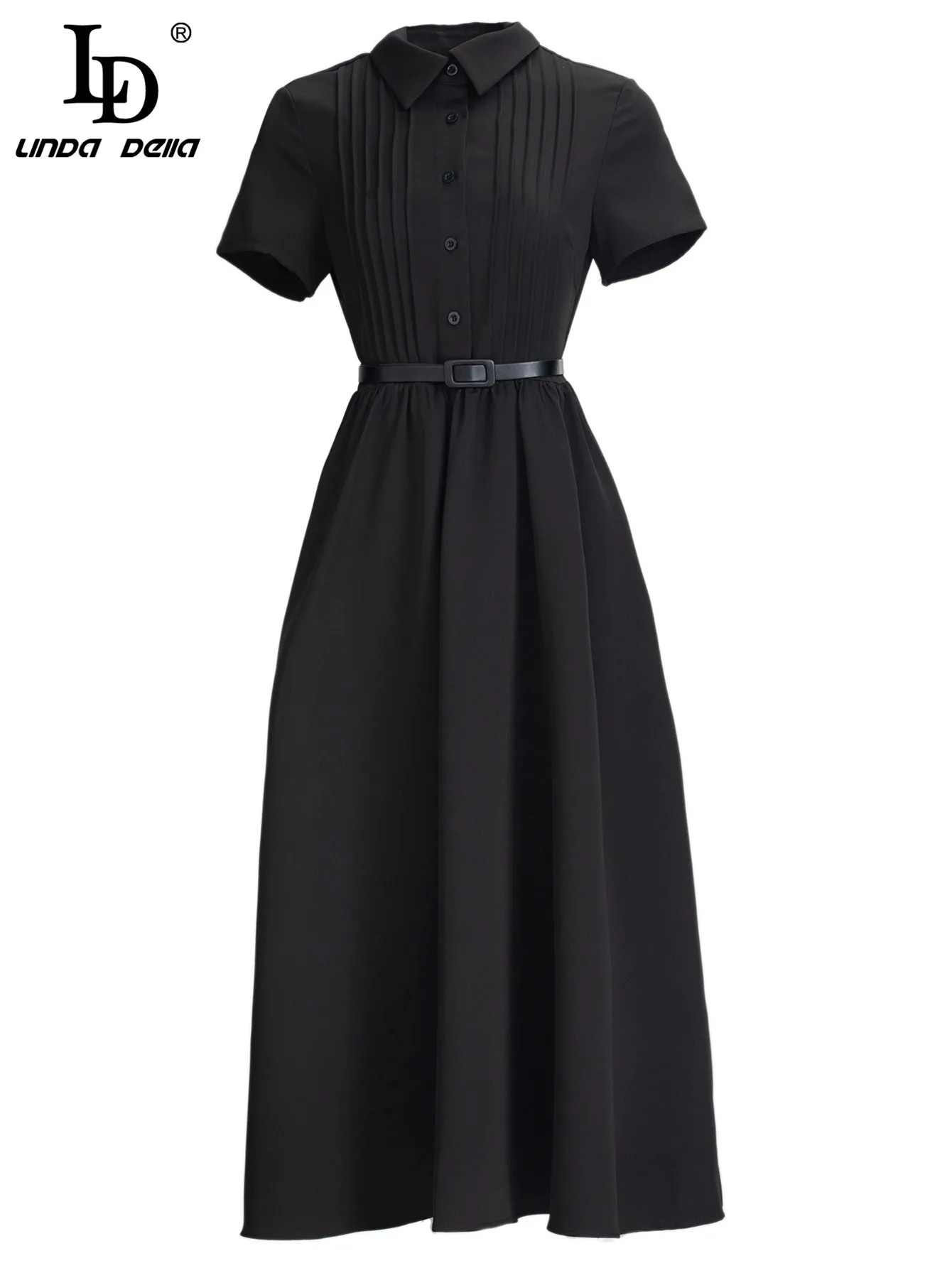 LD LINDA DELLA Fashion Designer Summer Dress Women Turn-down Collar Single-breasted Sashes High waist Black Midi Dress
