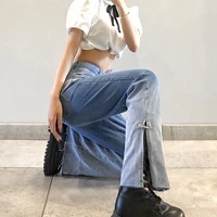spring and summer style worn buttons womens loose high waisted street fashion gradient split straight jeans womens clothing