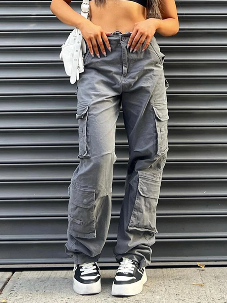 

Sunny Multi-Pockets Gray Streetwear Cargo Jeans LowRise Denim Pants Women Aesthetic Vintage 90s Casual Black StraightTrousers