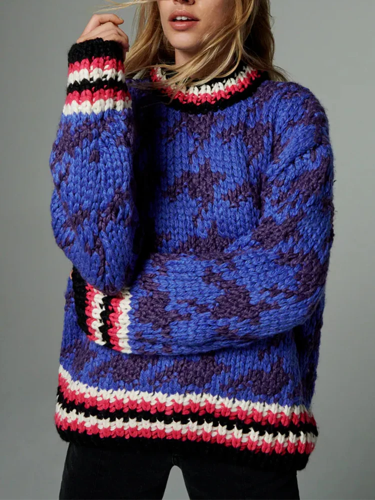 

TRAF Winter 2022 Women Fashion Jacquard Loose Pullovers Sweater O Neck Long Sleeve Knitted Jumper Female All-Match Tops