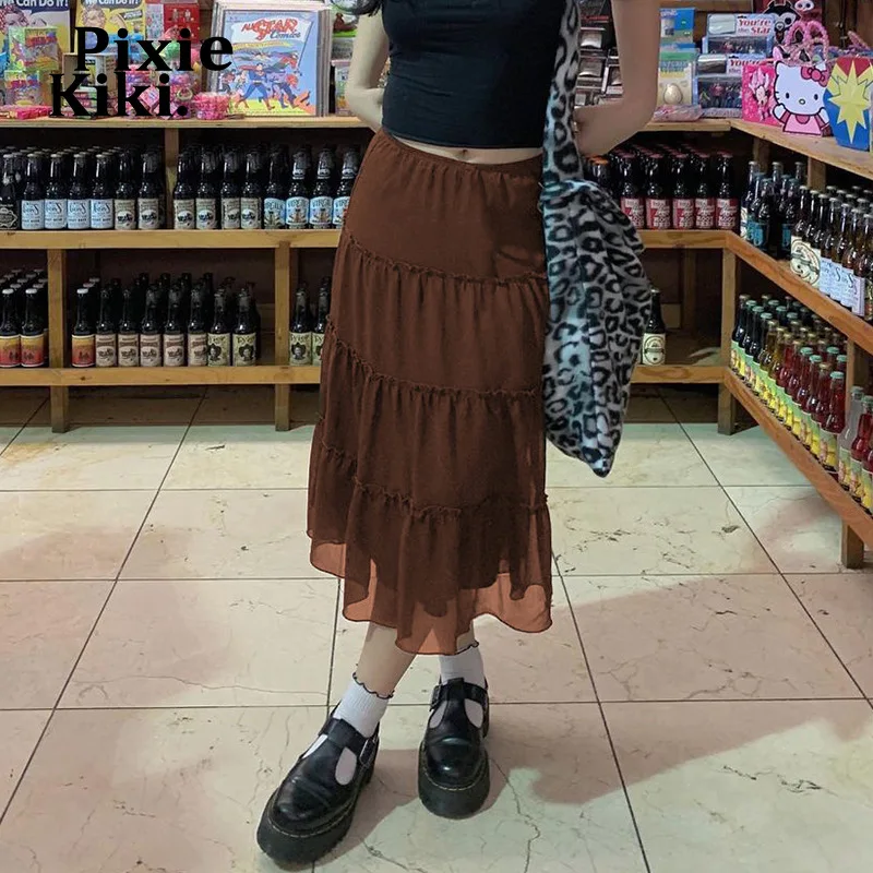 

PixieKiki Fairy Grunge Brown Mesh Tiered Skirt Y2k Clothes 90s Aesthetic Gothic Elastic Waist Long Skirts Womens 2021 P84-CF24