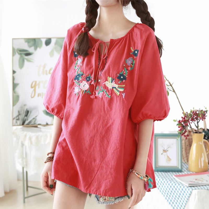 

Summer Women's Ethnic Style Women's Short-sleeved Loose Large-size Cotton and Linen Embroidered T-shirt