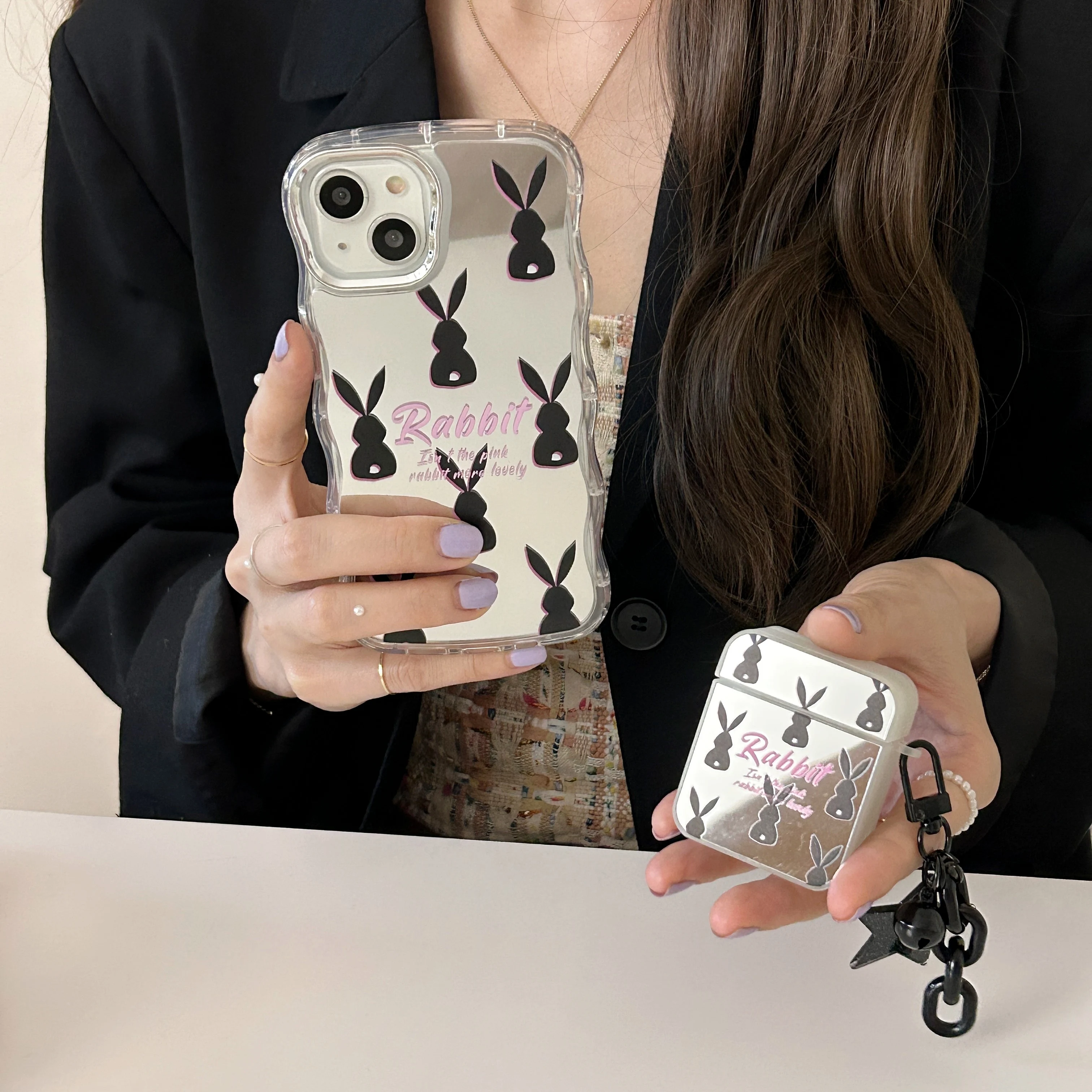 

Cartoon Black Rabbit Mirror Case for IPhone 14 13 12 11 Pro Max Protection Shockproof Anti-Scratch Fashion Cute Cover Korea INS