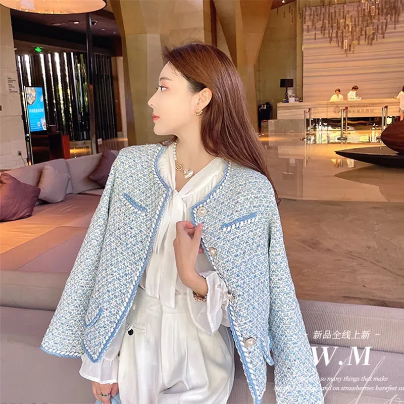 

High-Grade Blue Small Fragrance Coat Women 2022Spring Autumn New Jacket Short Little Overwear Thickened Female Outcoat Trend Top