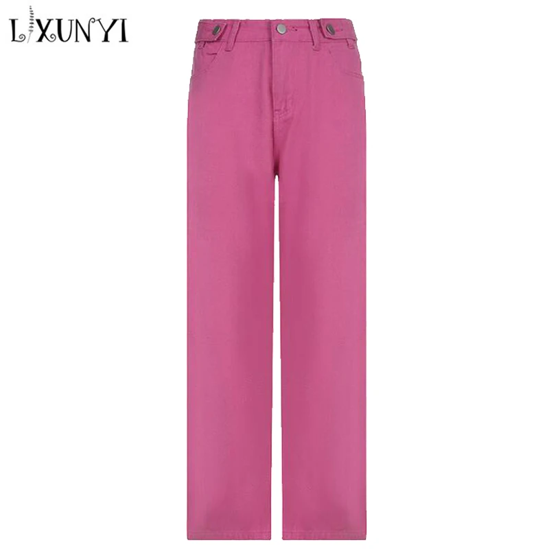 

LXUNYI Candy Straight jeans Woman 2022 Summer New Loose Floor Length Trousers Pocket Fashion Hottie Wide Leg Denim Pants Pink