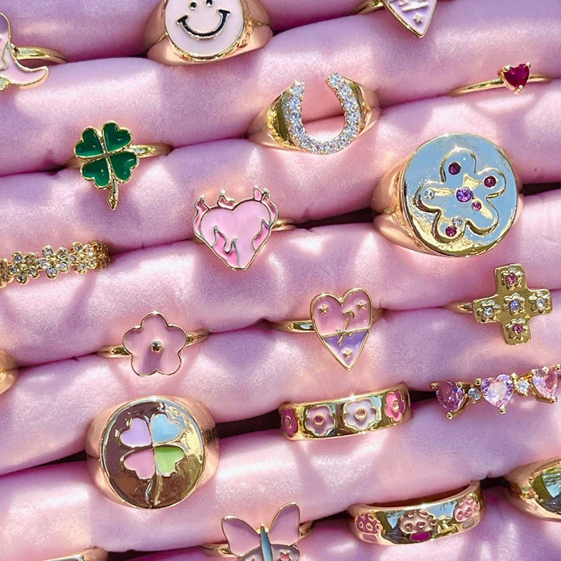 

Women Ring Dripping Oil Cute Ins Cartoon Heart Candy Enamel Fruit Multicolor Copper Alloy Rings One Size Adjustable Opening