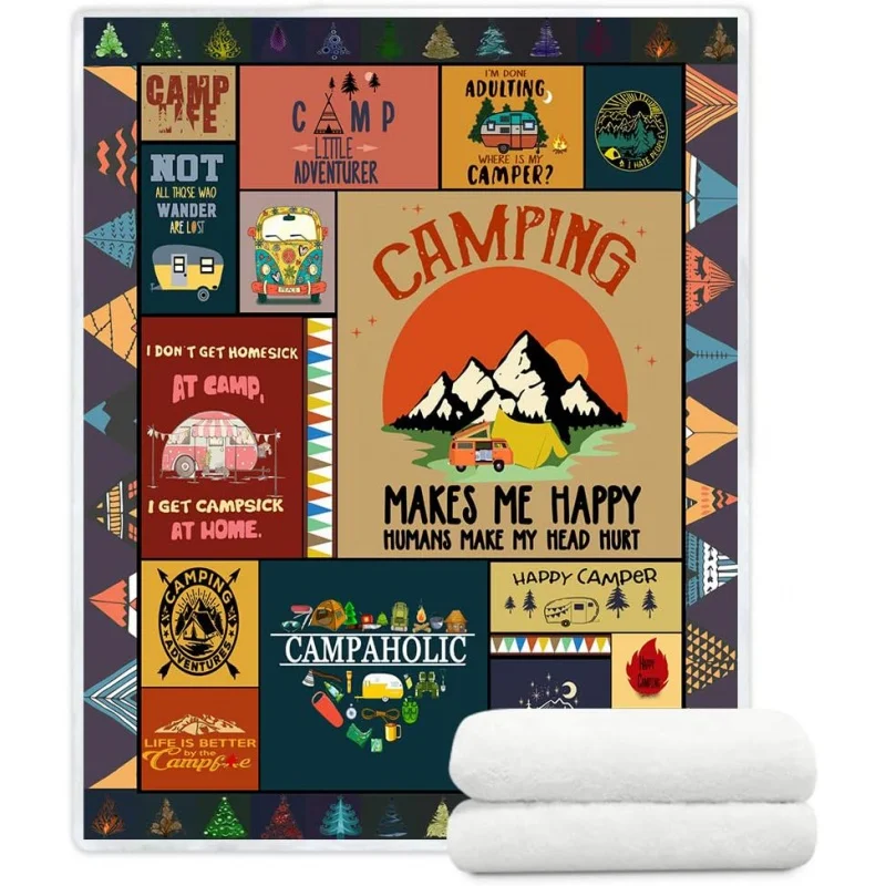 

Camping Sherpa Throws Happy Camper Blanket Cozy Soft Fuzzy Warm Blankets Throw Blankets for Couch Sofa Bed Chair Travel