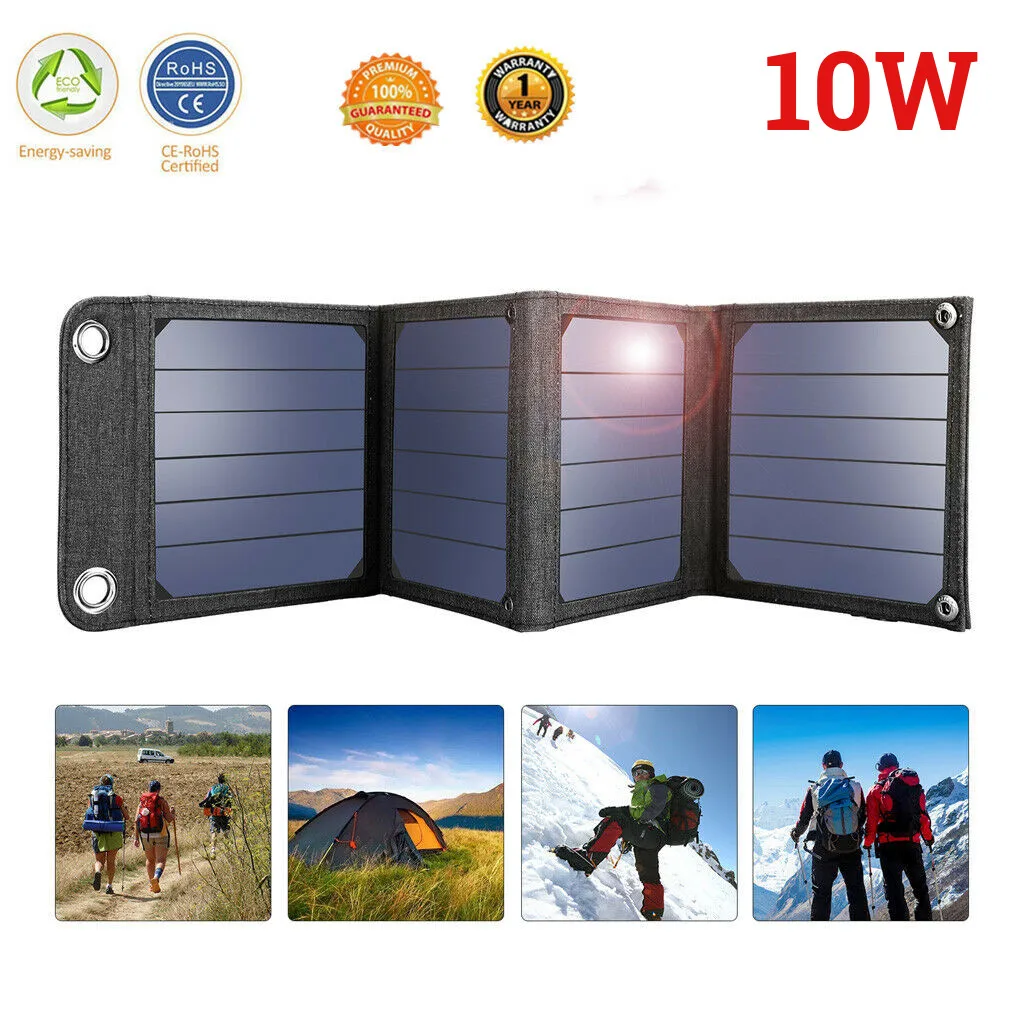 Black 10W DC5.5V Folding Monocrystalline Silicon Solar Panel With Two Carabiner 5V 2A USB Port Battery Charger