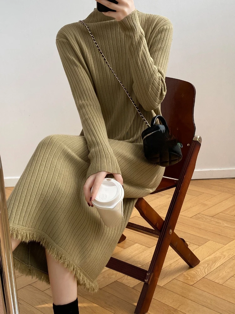 

Women's Sweater Dress Autumn Winter Warm New Korean Tassel Half High Neck Over-the-knee Knitted Long Dress Women's Clothing 2023