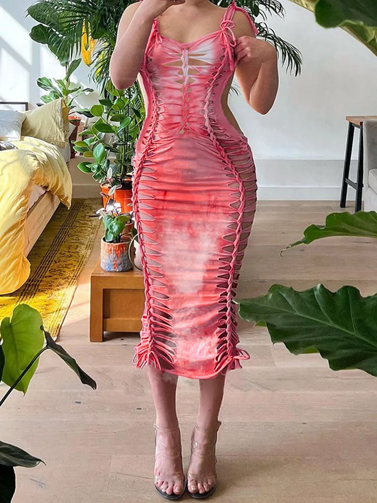 

Sexy Strap Hollow Out Ripped Bodycon Midi Dress Women Print Pink Night Prom Vestidos 2022 Summer Elegant Harajuku Y2K Clothes