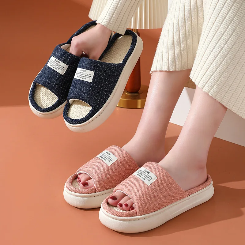 Linen Home Slipper for Womans Concise EVA Light Ladies Shoes Slides Flip Flops Four Season Couples Platform Flat Slippers