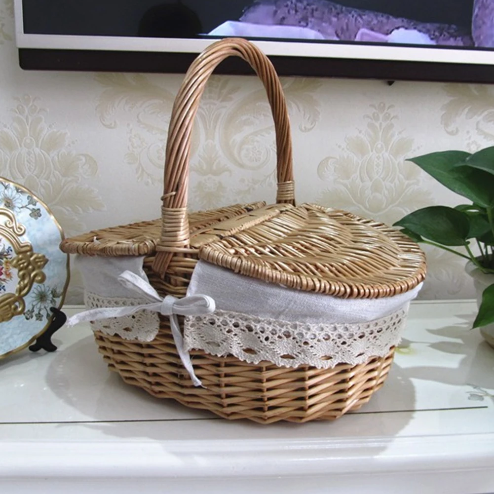 

Wicker Baskets Nordic Style Handmade Outdoor Camping Picnic Fruit Flower Storage Holders Food Container Basket with Handle
