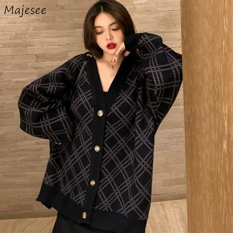 

Женский однобортный Кардиган Ulzzang, Осенний Модный повседневный кардиган с длинными рукавами, с рисунком ромбиками, в стиле колледжа