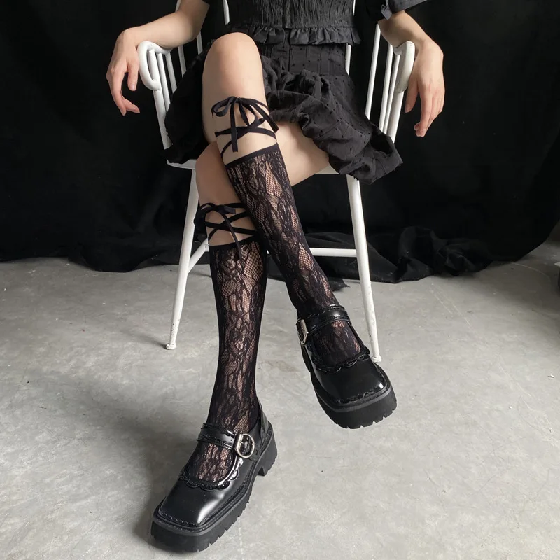 

Sweet Lady Girls Lace Bandage Knee High Socks Harajuku Black White Lolita Long Tube Stockings Hollow Out Fishnet Mesh Split Sock