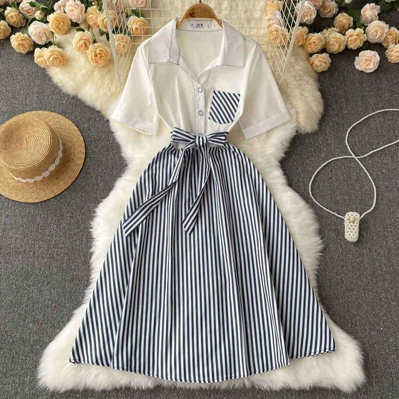

WEIHAOBANG 2022 Summer Women New Stripe Stitching Lapel Short Sleeve Lace Up High Waist Casual Dress Medium Long A-line Skirt