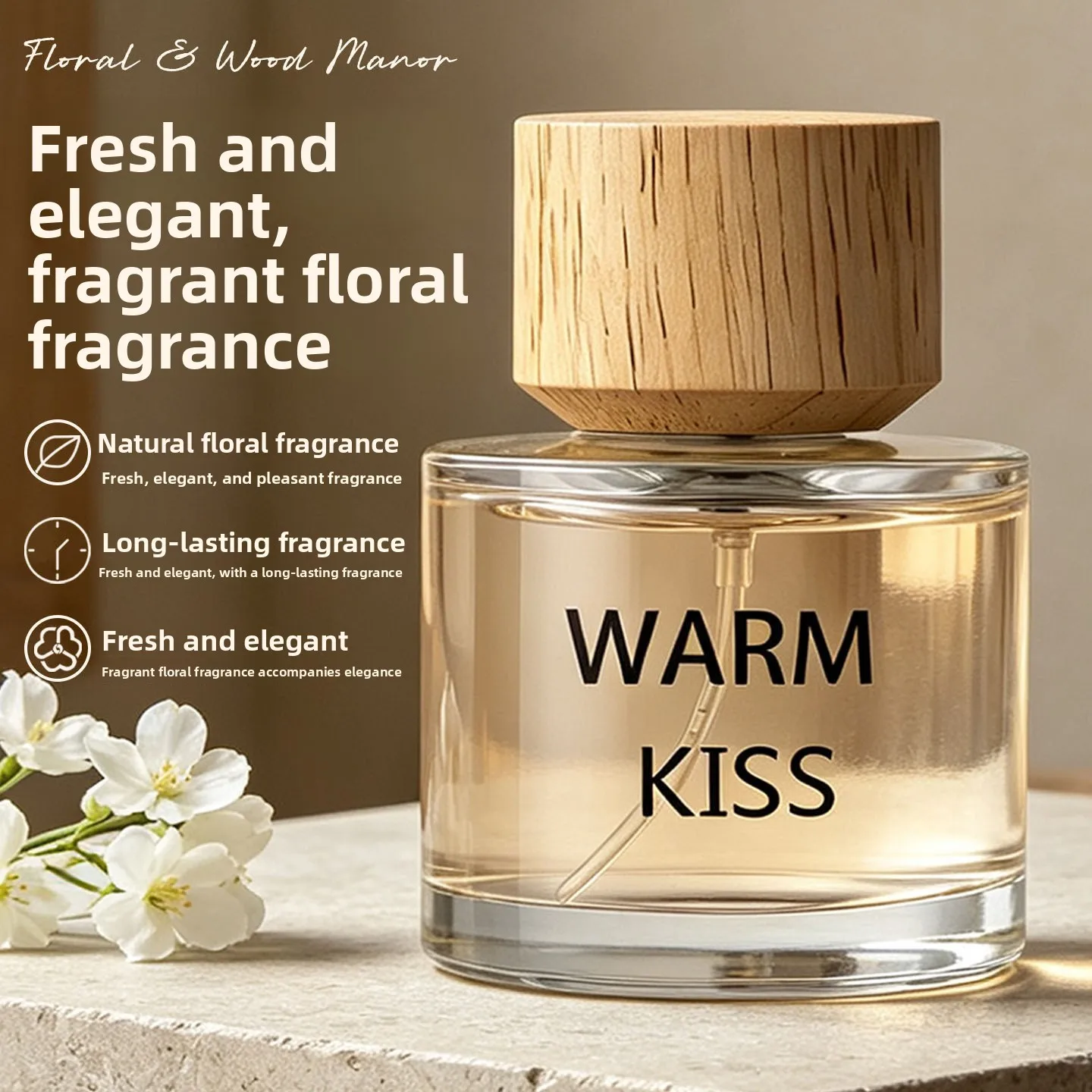 Фото WARM KISS Женская парфюмерная вода с деревянной крышкой, древесно-цветочные ноты, стойкий аромат для повседневного использования, офиса и свиданий. №2