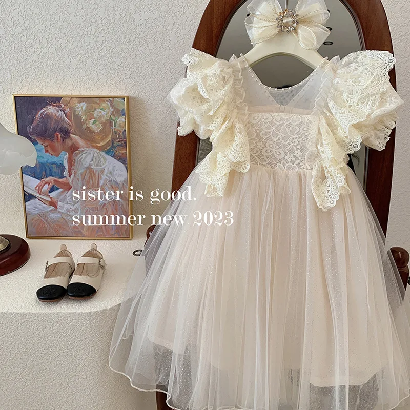 

Girls' Summer Clothes Nailed Pearl Lace Fairy Dress Baby Fashionable Lace Puff Sleeves Fluffy Mesh Princess Dress