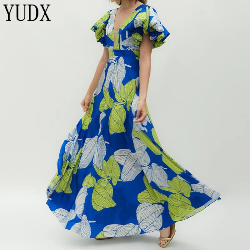 

Fashion New 2023 Women's Clothing Ins Temperament Leaves Printed V-neck Puff Sleeve Dress Dress