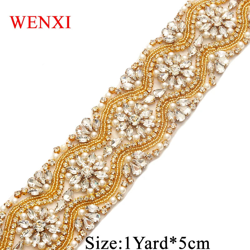 

WENXI 1YARD Bridal Hand Made Beaded Sewing Silver Crystal Rhinestone Applique Trim For Wedding Dresses DIY Iron On WX812