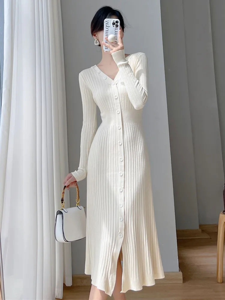 

SMTHMA Women Long Knit Sweater Dress New Autumn Winter Single-Breasted Sexy V-Neck Party Dresses Vestidos
