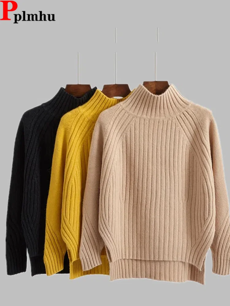 

Вязаные Пуловеры с высоким воротником, женская трикотажная одежда, свитер, корейская мода, асимметричный свитер, вязаный джемпер на осень и зиму, Новые Топы