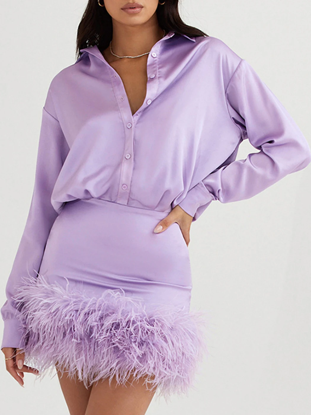 

2022 New Fashion 2 Piece Set Women Long Sleeve Satin Blouse+Feather Mini Slim Skirt Cozy Prom Solid Party Outfit Female