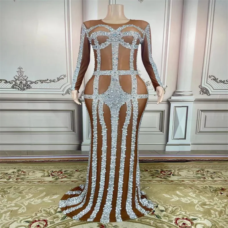 

Q582 Jumpsuit Host Slim Shinning Full Diamonds Perform Long Sleeves New Rhinestones Model Singer Ballroom Tight Outfit Trailing