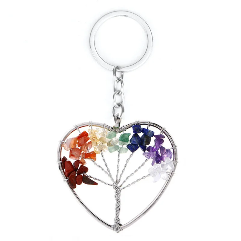 

JOVIVI 7 Chakra Tree of Life Crystal Keyring Gemstone Healing Crystals Keychain Silver ID Tag Car Key Ring Tumbled Stone Beads