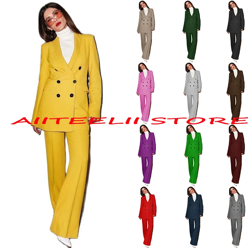 Enlarge Suit for Women Blazer Set Double Breasted Formal Business 2 Piece Yellow Pant Suit Lady Office Jacket костюм женский