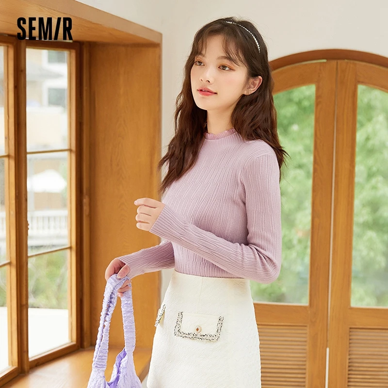 

Semir Knitted Women Chiffon Stitched Fungus 2023 Winter New Gentle Slim Pullover Sweater