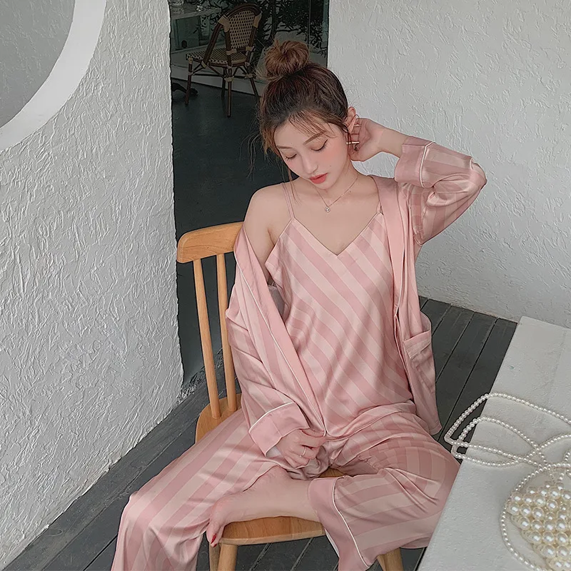 

3PCS Elegant Luxury Silk Home Suit for Women Striped Satin Robe&Pajamas Sets Spring Autumn Summer Sleepwear DropShipping