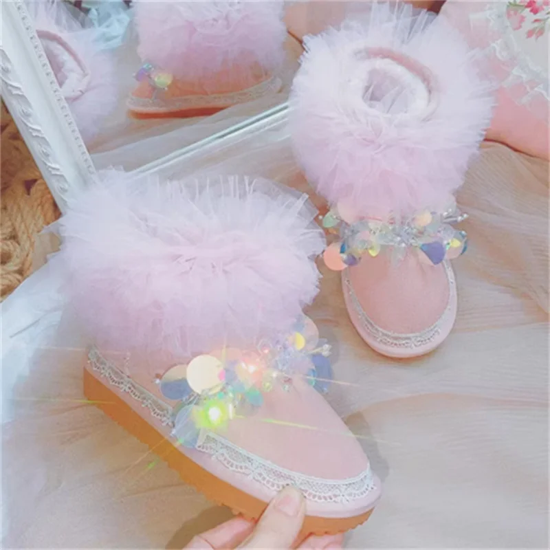 Розовые зимние сапоги с блестками и бисером сетчатые кружевные ручной работы на