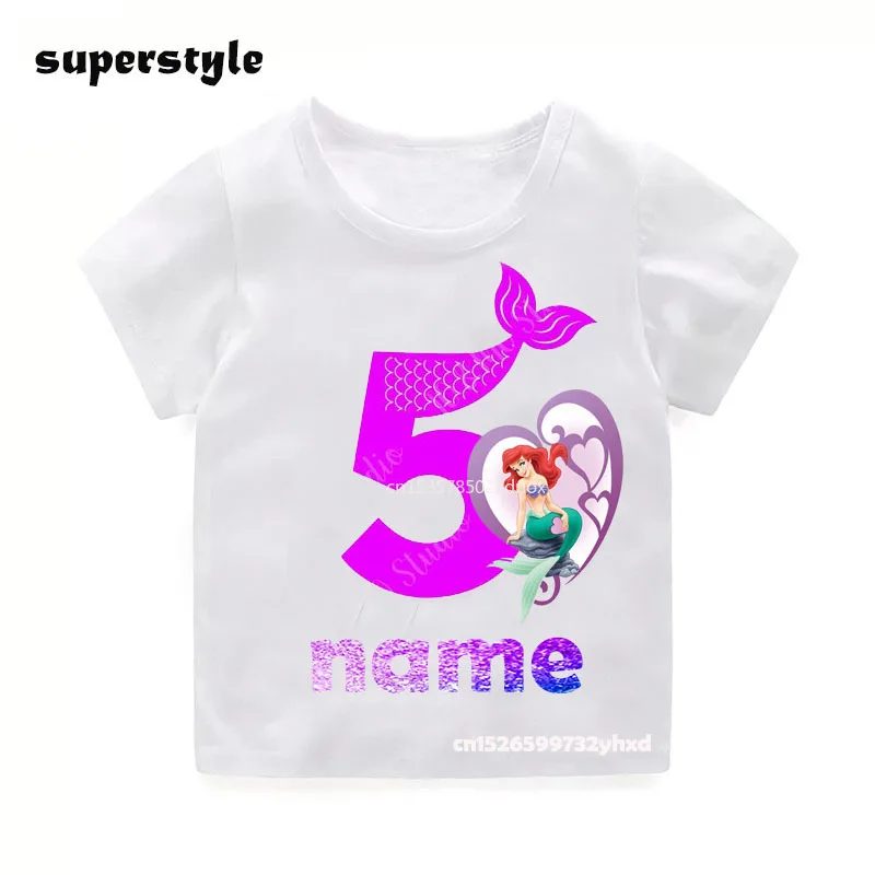 

Princess 1-9 Th Birthday Print Girls Tshirt Disney Mermaid Customize Name Cartoon Kids T-shirts Party Baby Children Present Tops