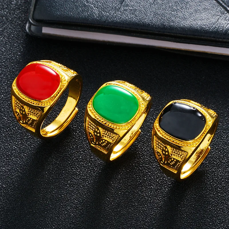 

Opening Adjustable Men's Ring Simulation Gold 100% 24K Set with Red/Green/Black Oil Dropping Gem Men's Ring For Boyfriend gift