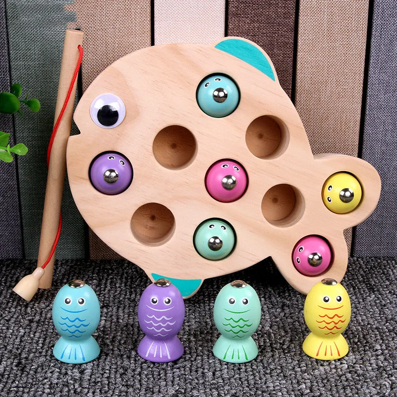 

Montessori Wooden Magnetic Fishing Game Toys Set For Baby 1-3 Years Cartoon Marine Life Cognition Fish Games Educational Toy