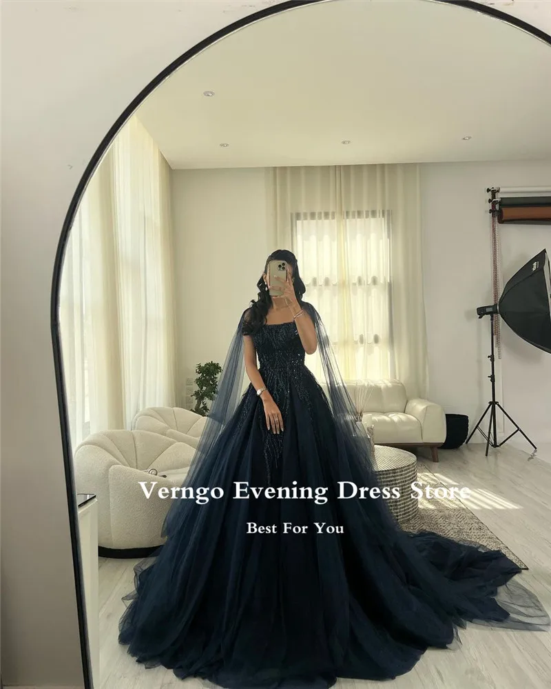 

Verngo Sparkly Navy Blue Tulle Evening Dresses Tulle Long Cape Sleeves Dubai Arabic Women Formal Dress Shiny Prom Gowns 2023