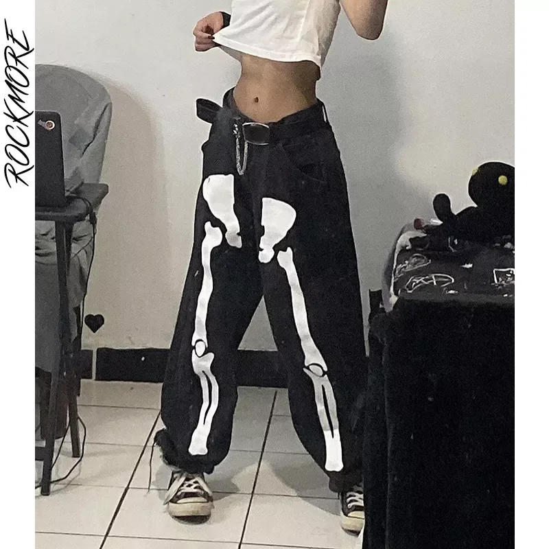 

New2022 Baggy Skull Print Jeans Woman Low Waist Cargo Pants Boyfriend Wide Leg Denim Trouser Streetwear Hip Hop Jean Grunge