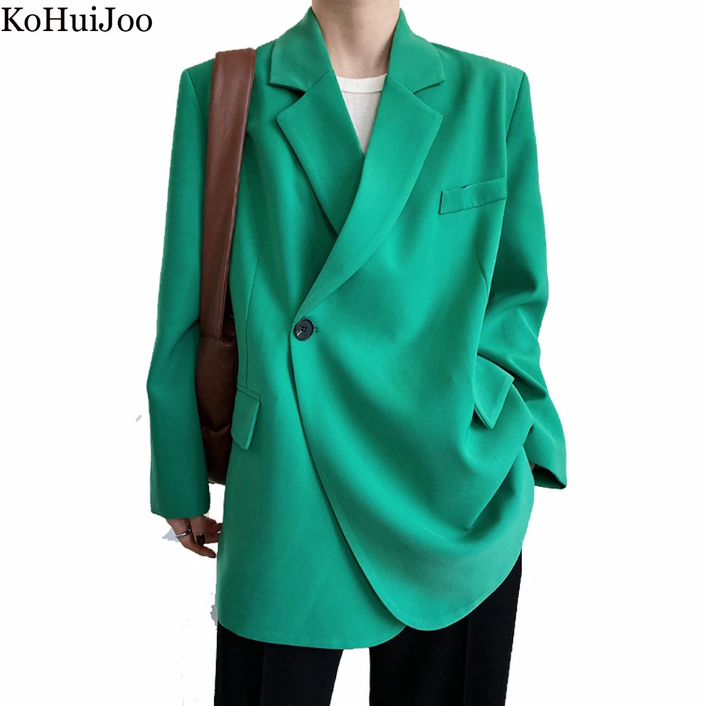 

KoHuiJoo Korean Style Clothes For Women Blazer Button Casual Loose Outerwear Womens Office Coat High Quality Black White Green
