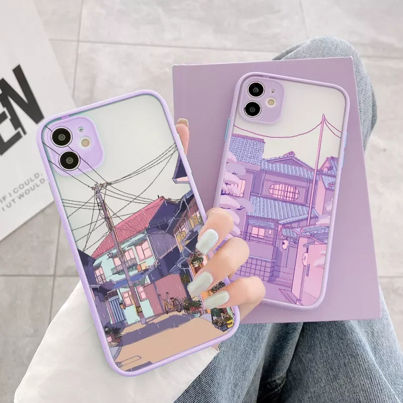 

Factory Direct Selling For iPhone X XR XS Max 13 12 11 Pro Max 7 8 Plus SE 2020 Hard Matte Cover Anime Hand Painted House scener