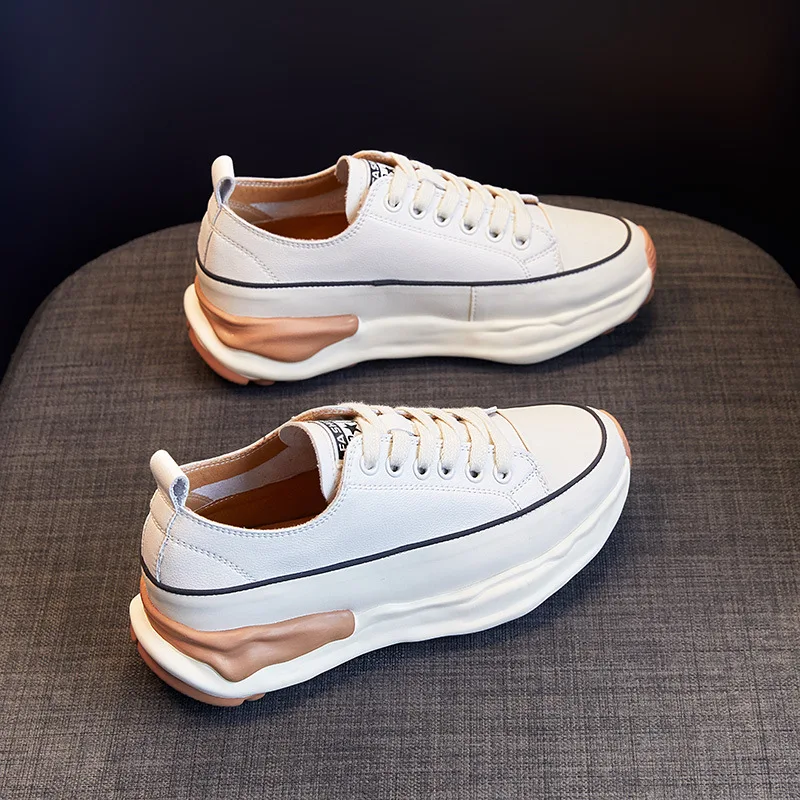Lace Up Thick Sole Shoes Cow Leather White Sneakers Women Genuine Leather Sports Shoes Chaussures Décontractées En Cuir De Vache