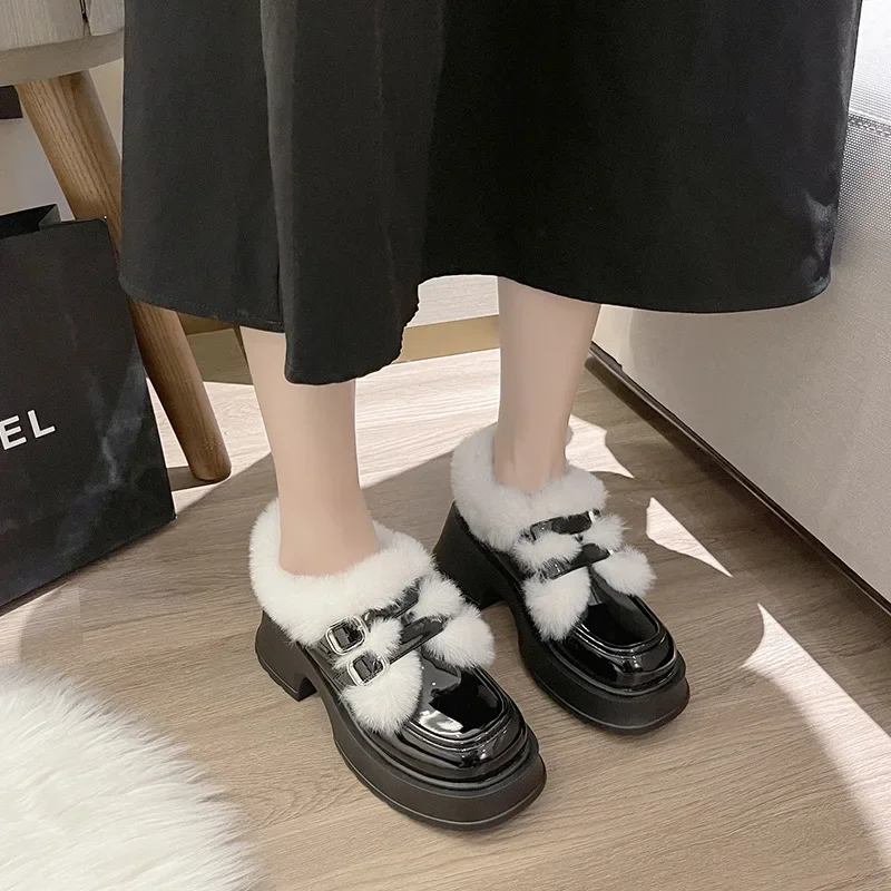 Новинка Зима 2024 маленькие кожаные Туфли Мэри Джейн на толстой подошве для женщин