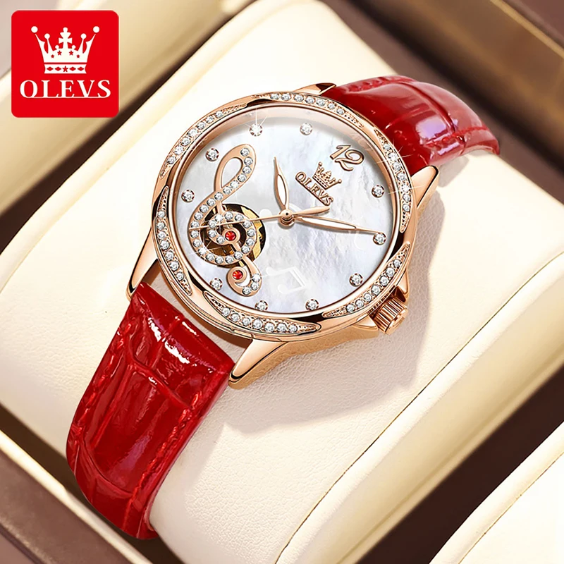 OLEVS Trend Womens Automatic Mechanical Watch Fashion Note Dial Rose Gold Case Diamond Waterproof Leather Watch Watch For Women