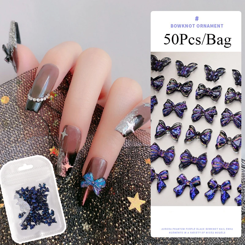 

New Ribbon Butterfly 3D Resin Bows Nail Jewelry DIY Decoration Nail Rhinestones Manicure Charm Black Purple 50PCS/set Nail Art