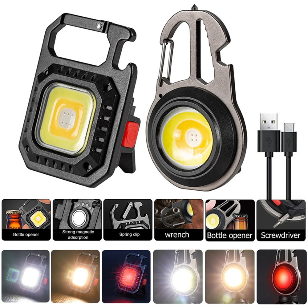 

USB Rechargeable COB LED Keychains Flashlight 500lm 7 Modes Waterproof Portable Pocket Work Lamp Outdoor Camping Mini Torch