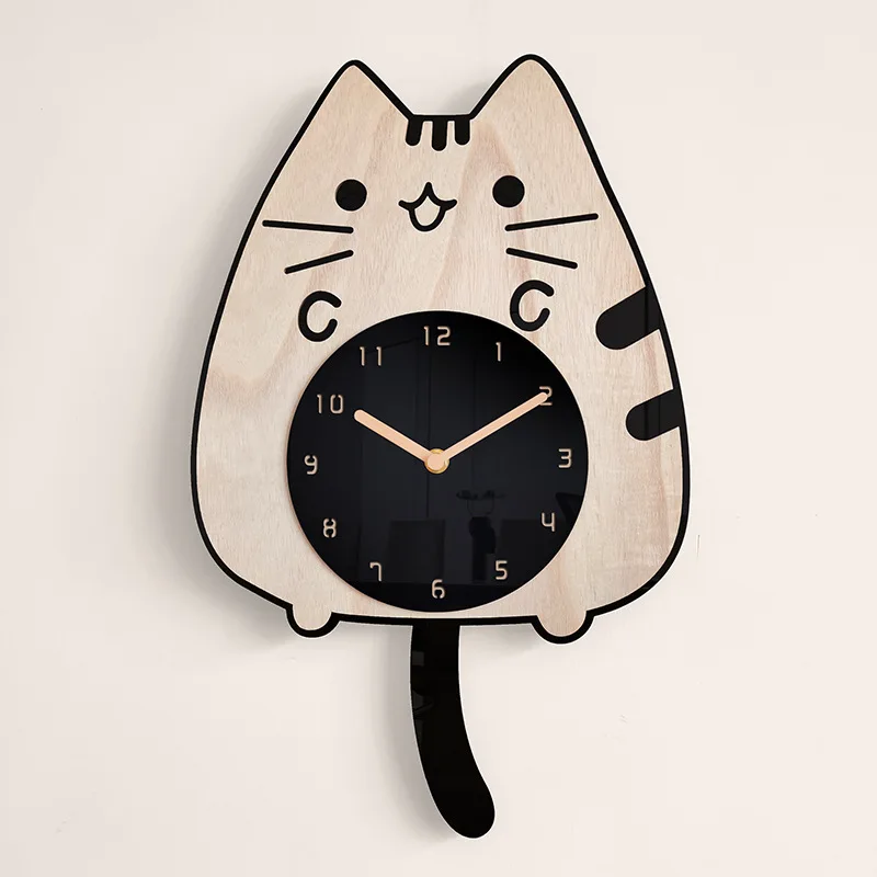 

3D Houten мультфильм Katten wandклоk домашний декор детский Декор kwispelenda Staart креативный Русалка кварцевый цифровой Swingend