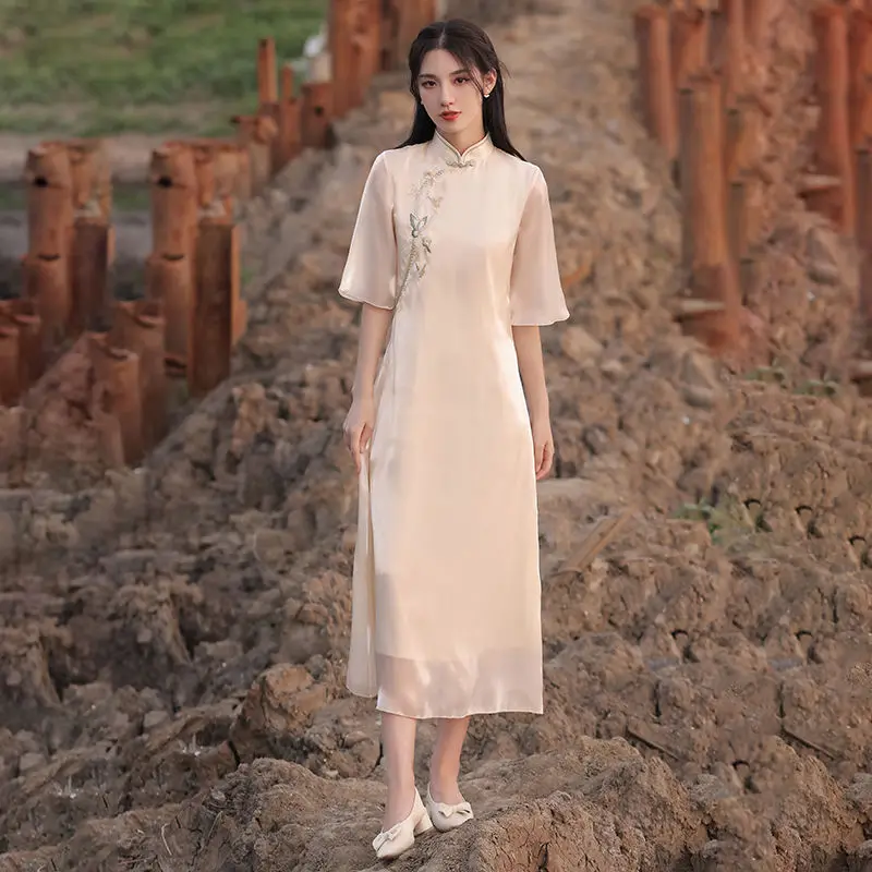 

New summer high-end Audrey's inverted large sleeve temperament girl's daily young style improved cheongsam 2022 Chinese style