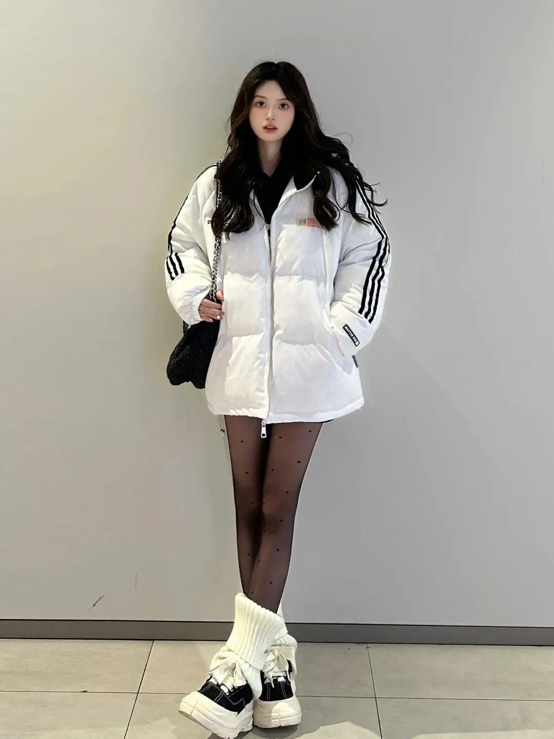 Американский белый пуховик с тремя полосками женская одежда хлопковой