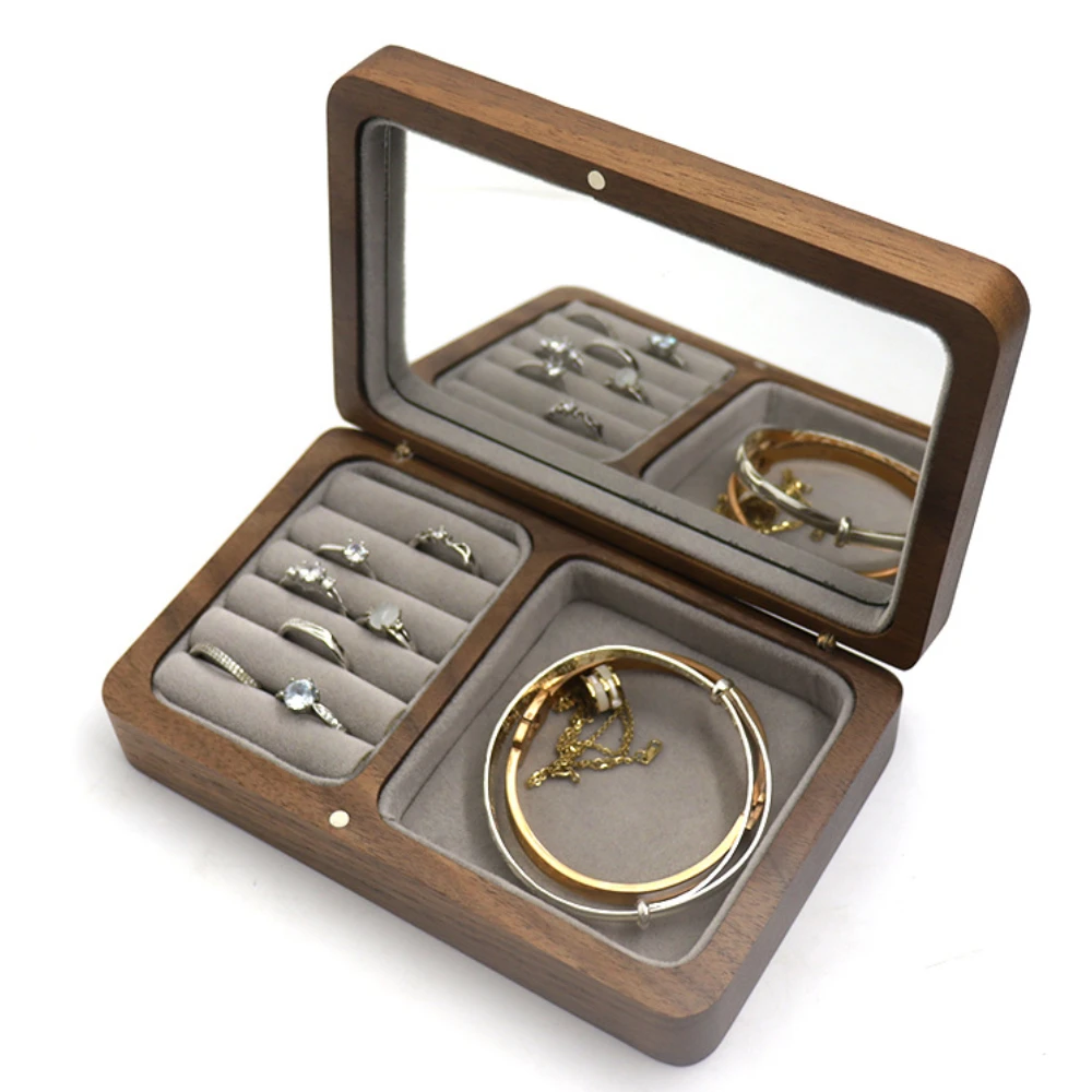 Wood Custom Wedding Valentine Walnut Proposal Engagement Ring Holder Box Packaging Earring Makeup Gift Case with Mirror